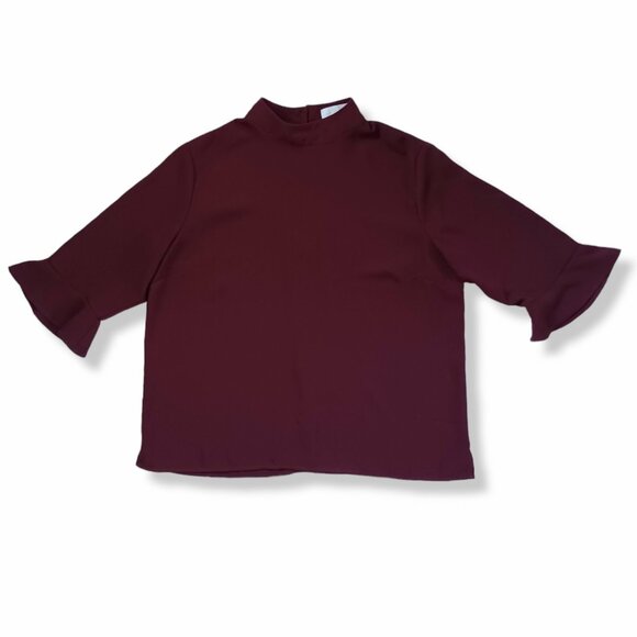 14th & Union Dressy Top Blouse Shirt Dark Red Bell Sleeve Mock Neck Boxy Size S - Picture 1 of 12